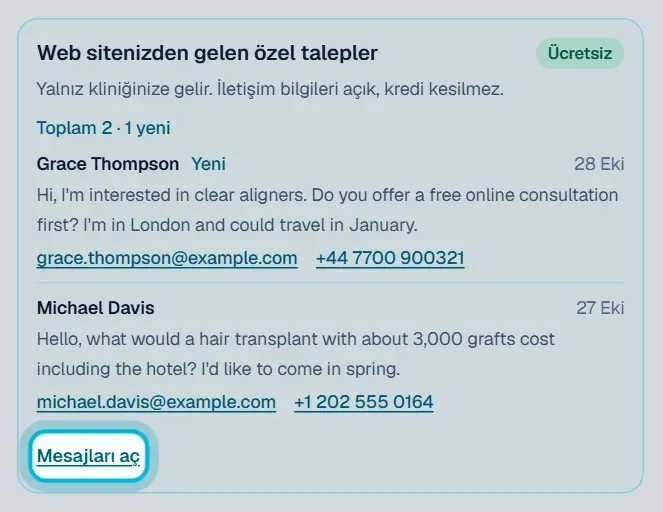 Talepler sayfasındaki Web sitenizden gelen özel talepler kutusu