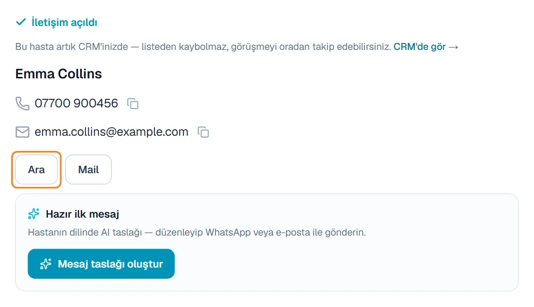 WhatsApp düğmesi olmayan talep detayında işaretli Ara düğmesi