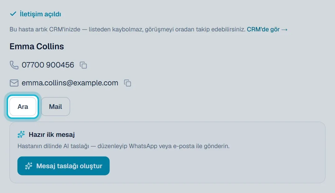 WhatsApp düğmesi olmayan talep detayında işaretli Ara düğmesi