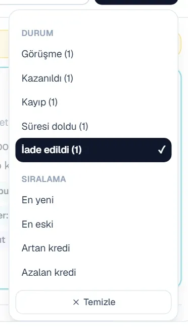 Talepler sayfasında Filtreler menüsü, Durum altında İade edildi seçili