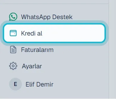 Sol menünün alt bölümünde Kredi al bağlantısı