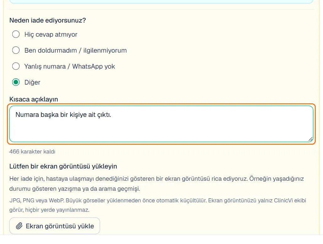 Diğer seçiliyken Kısaca açıklayın kutusu ve kalan karakter sayısı