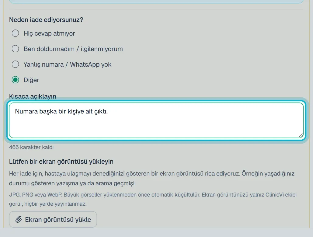 Diğer seçiliyken Kısaca açıklayın kutusu ve kalan karakter sayısı