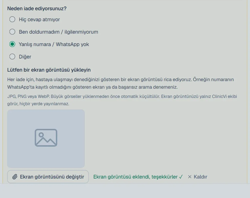 Yüklenen ekran görüntüsünün önizlemesi ve Ekran görüntüsü eklendi yazısı