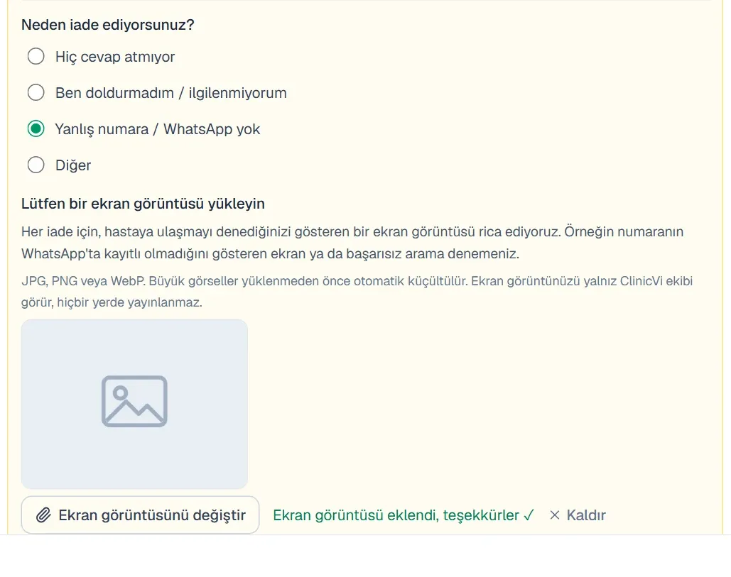Sebep seçilmiş ve ekran görüntüsü eklenmiş form bölümü