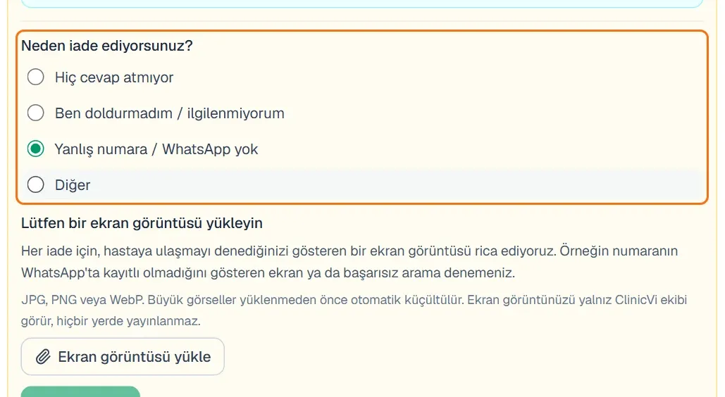 İade penceresinde sebep listesi ve ekran görüntüsü bölümü