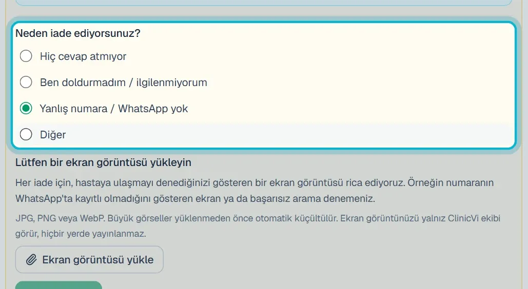 İade penceresinde sebep listesi ve ekran görüntüsü bölümü