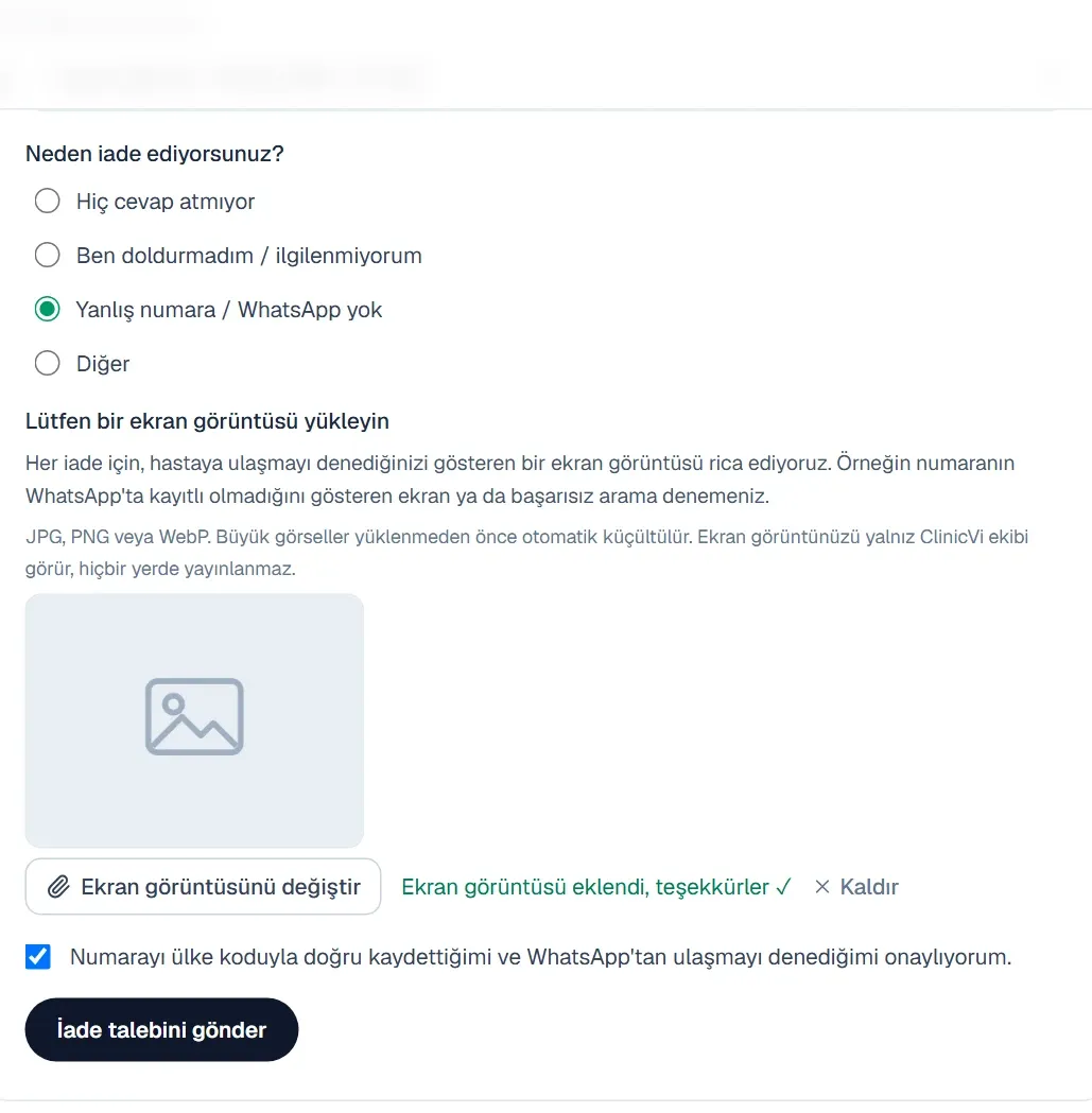Doldurulmuş form, onay kutusu işaretli ve İade talebini gönder düğmesi