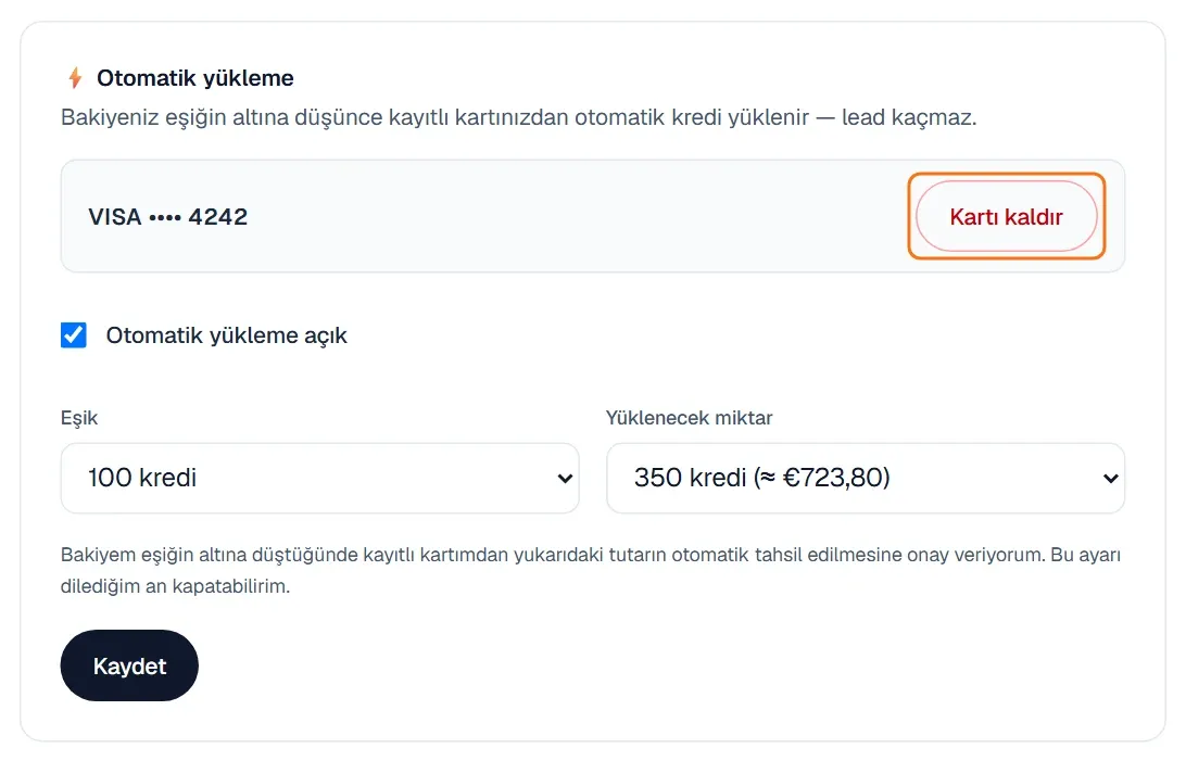 Kayıtlı kartın yanında Kartı kaldır düğmesi