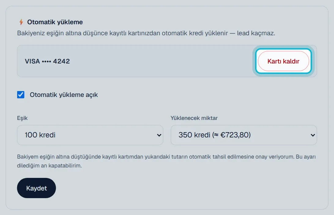 Kayıtlı kartın yanında Kartı kaldır düğmesi
