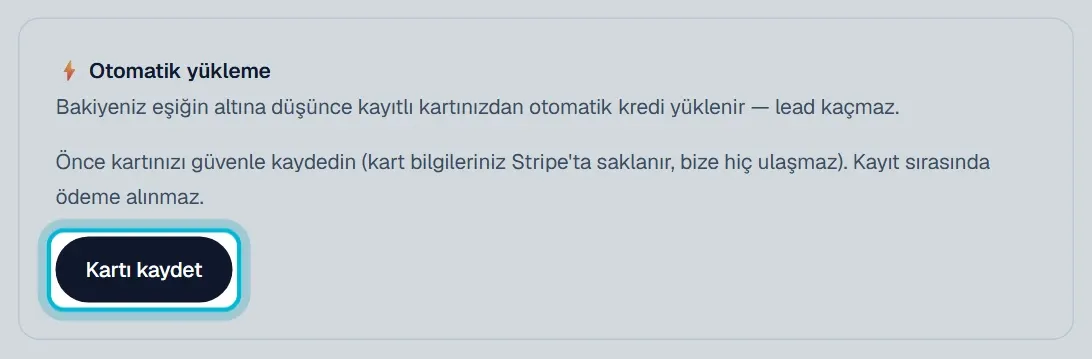 Otomatik yükleme bölümünde Kartı kaydet düğmesi