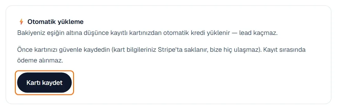Otomatik yükleme bölümünde Kartı kaydet düğmesi