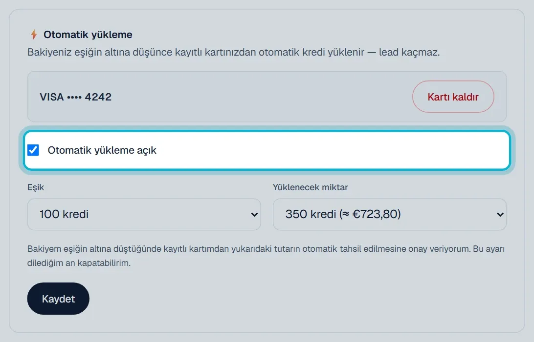 Otomatik yükleme bölümünde kayıtlı kart, Otomatik yükleme açık kutusu, Eşik ve Yüklenecek miktar