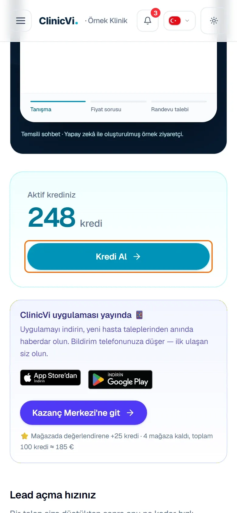 Telefonda Genel sayfasındaki Kredi Al düğmesi
