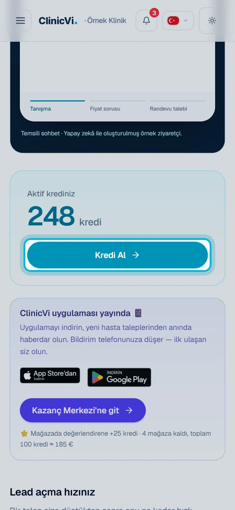 Telefonda Genel sayfasındaki Kredi Al düğmesi