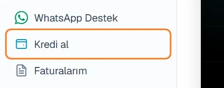 Web panelin sol menüsünde vurgulu Kredi al bağlantısı