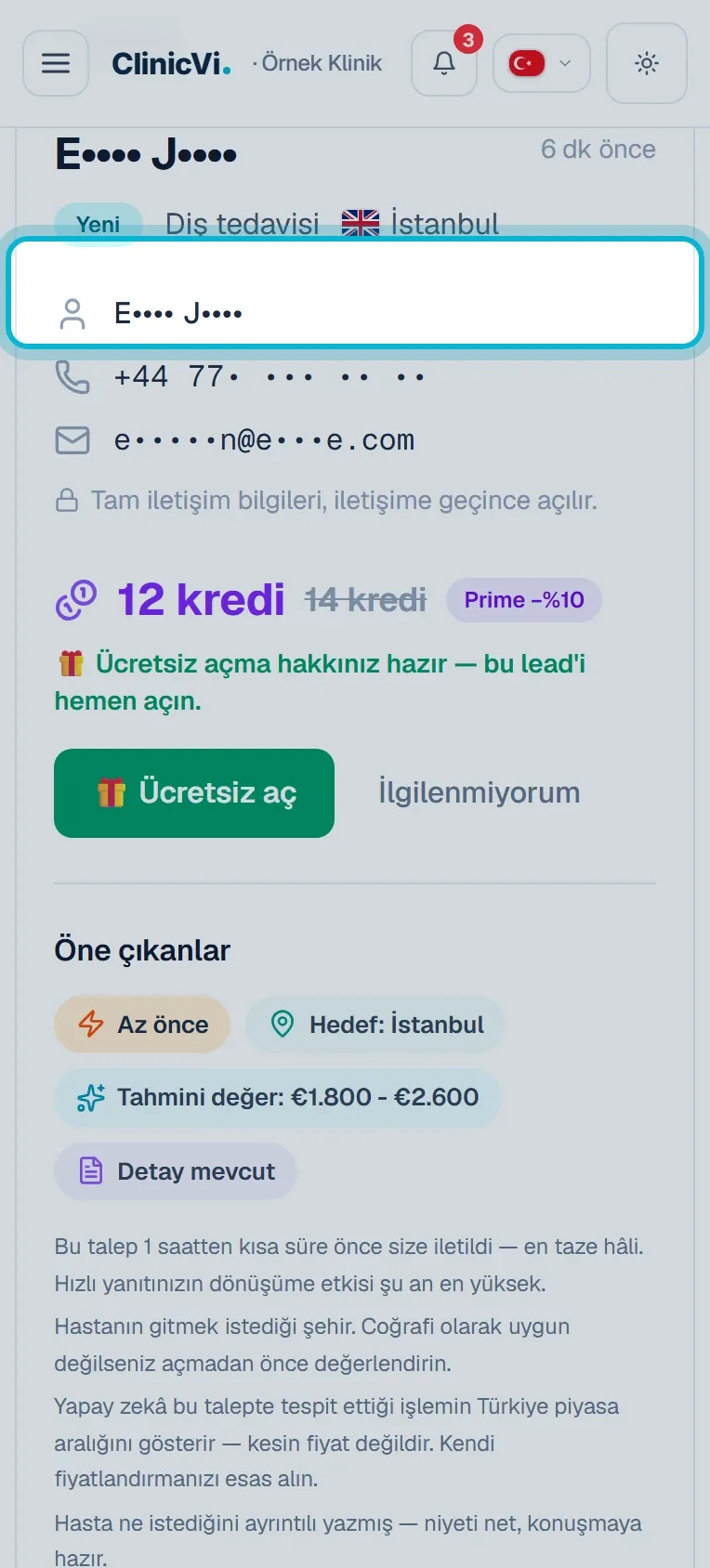 Telefon tarayıcısında tam ekran açılan talep ve üstteki vurgulu Talepler bağlantısı