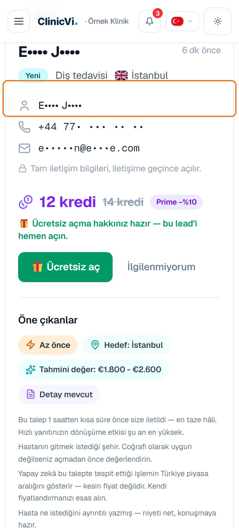 Telefon tarayıcısında tam ekran açılan talep ve üstteki vurgulu Talepler bağlantısı