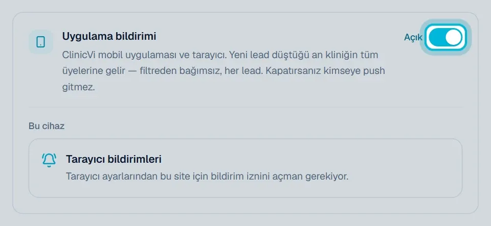 Web panelde Bildirim Merkezi sayfasındaki Uygulama bildirimi anahtarı