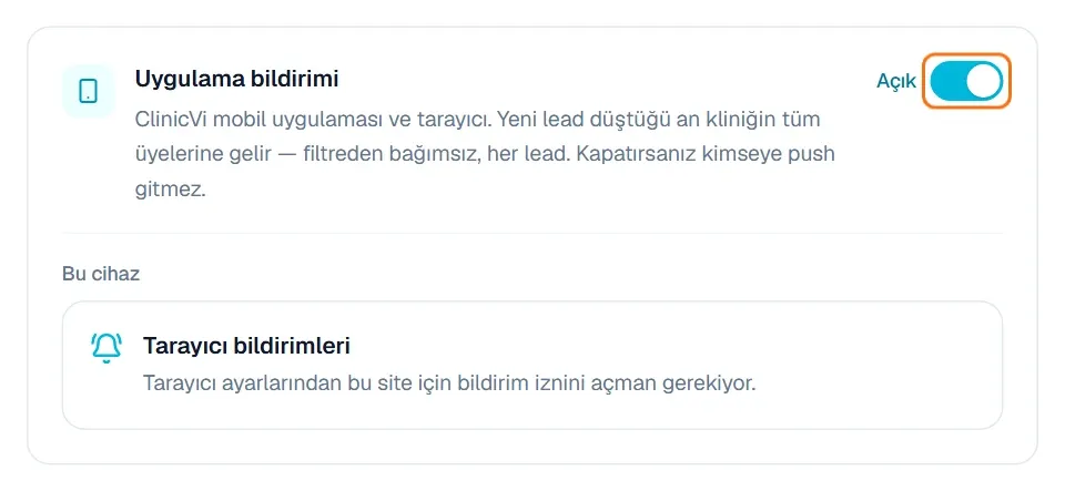 Web panelde Bildirim Merkezi sayfasındaki Uygulama bildirimi anahtarı