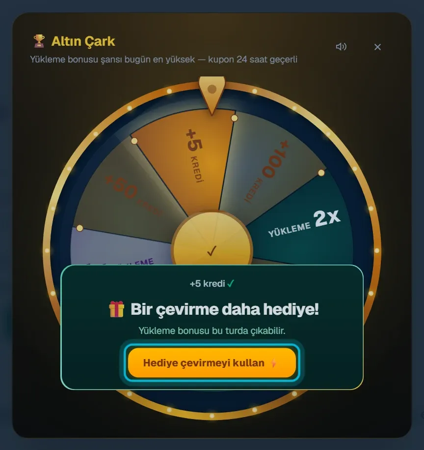 İlk çevirmeden sonra açılan hediye çevirme kartı