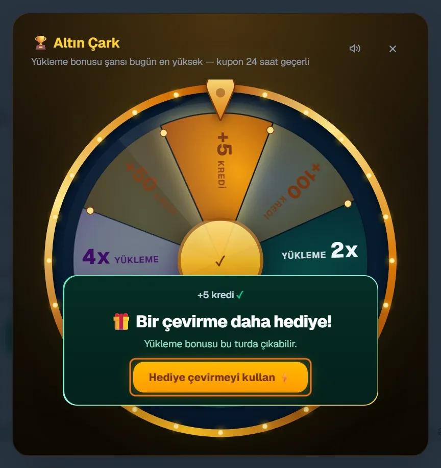 İlk çevirmeden sonra açılan hediye çevirme kartı