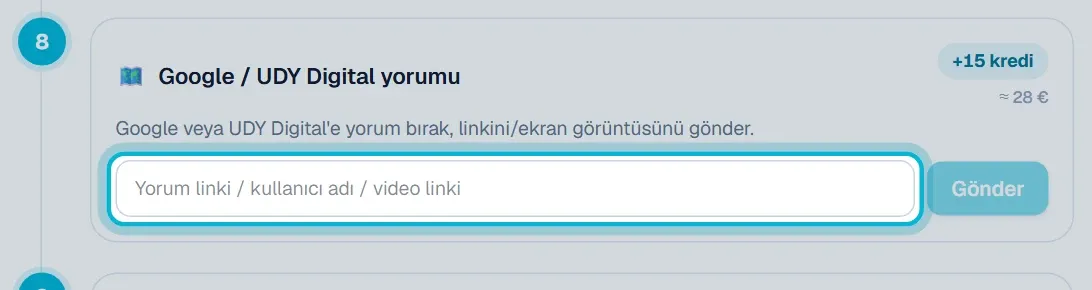 Google / UDY Digital yorumu görevi ve kanıt kutusu