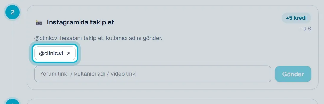 Instagram’da takip et görevi ve @clinic.vi düğmesi