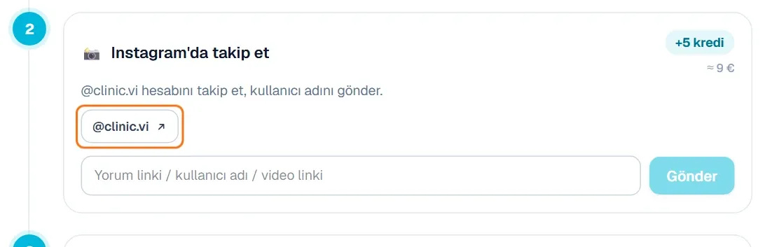 Instagram’da takip et görevi ve @clinic.vi düğmesi