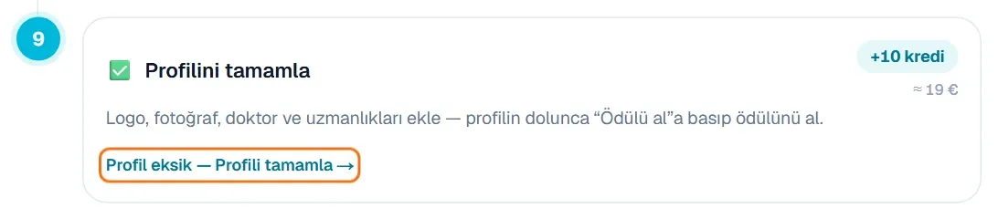Profilini tamamla görevinde Profil eksik bağlantısı