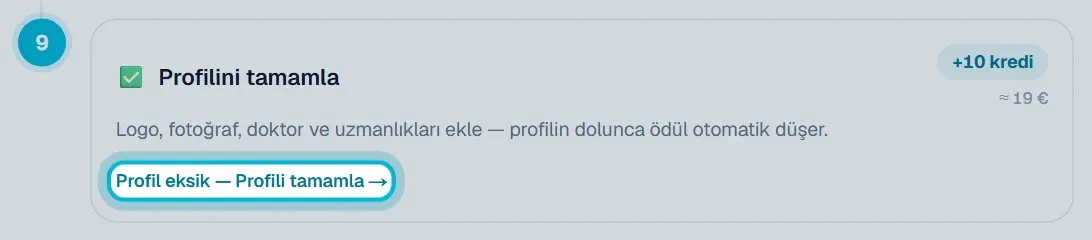 Profilini tamamla görevinde Profil eksik bağlantısı