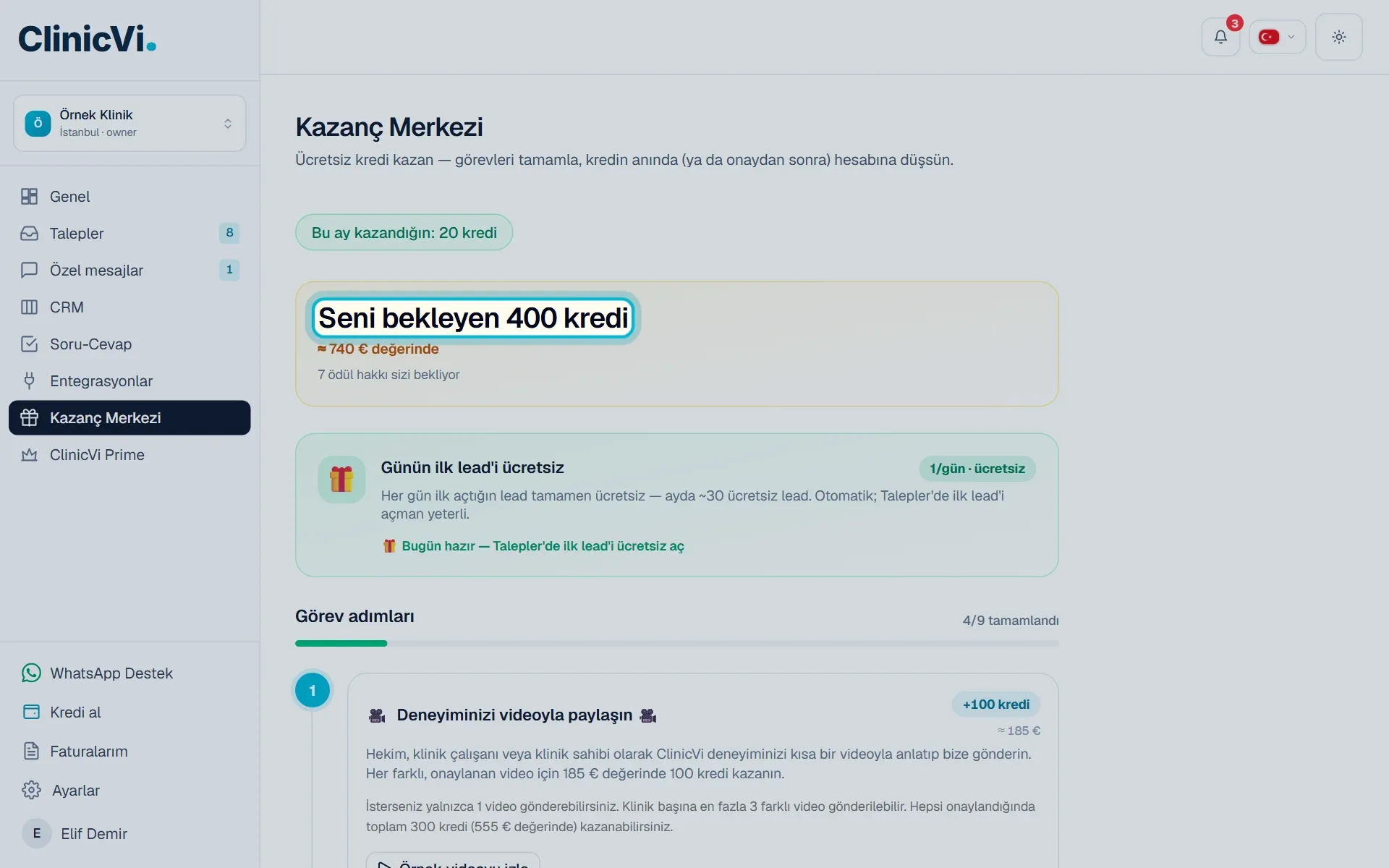 Kazanç Merkezi’nde Seni bekleyen kredi kutusu