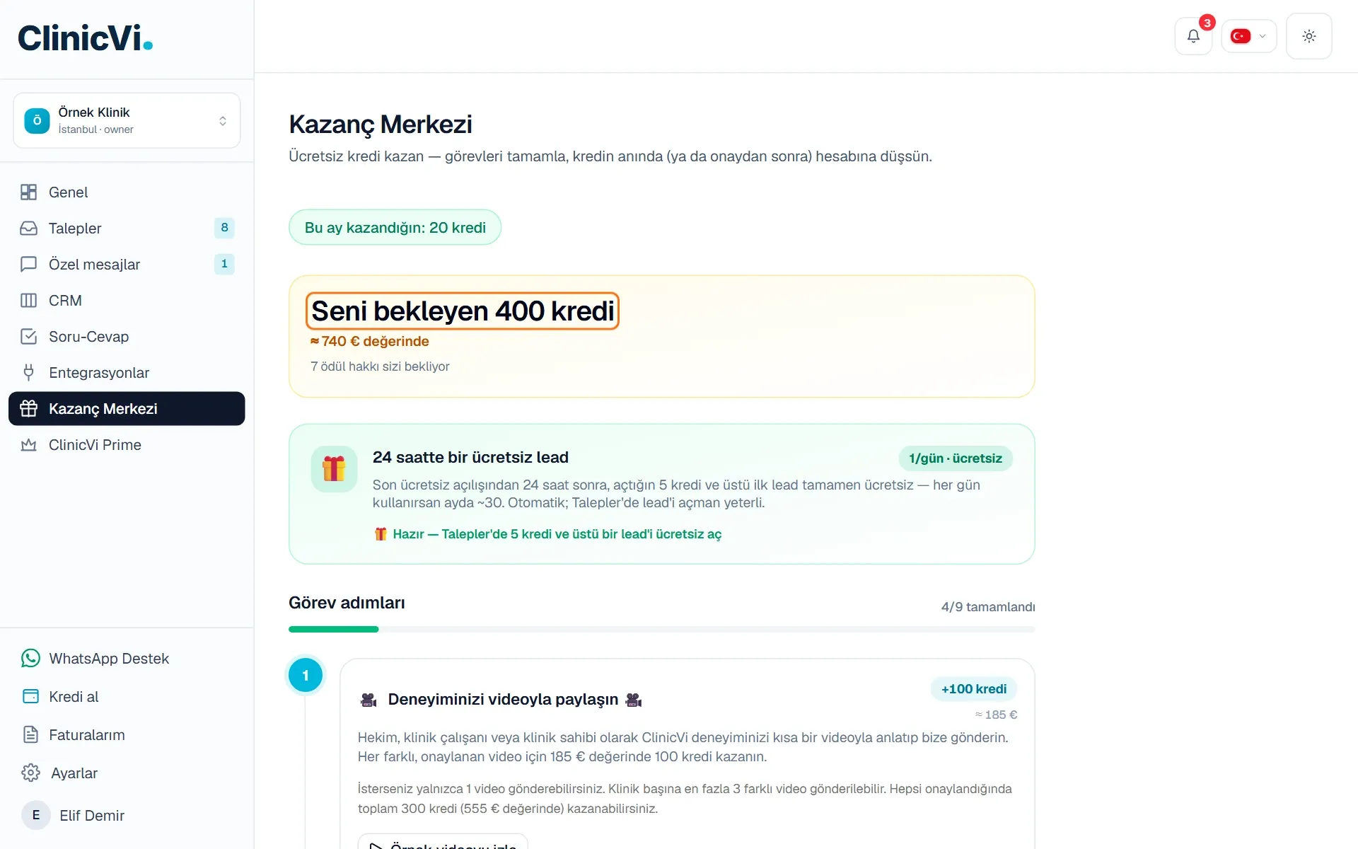 Kazanç Merkezi’nde Seni bekleyen kredi kutusu