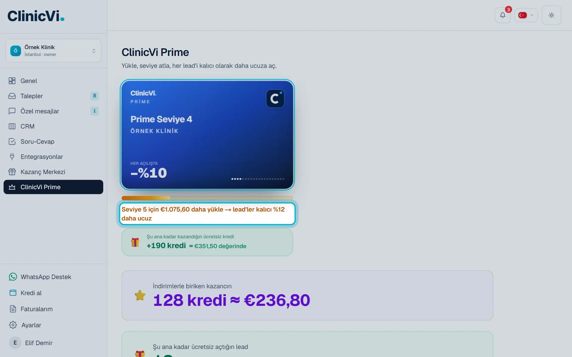 ClinicVi Prime sayfasında seviye kartı ve bir sonraki seviyeye kalan tutar