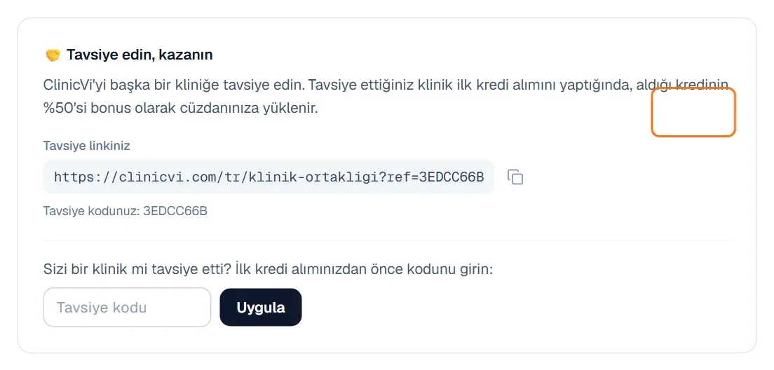 Tavsiye kodu alanı ve Uygula düğmesi