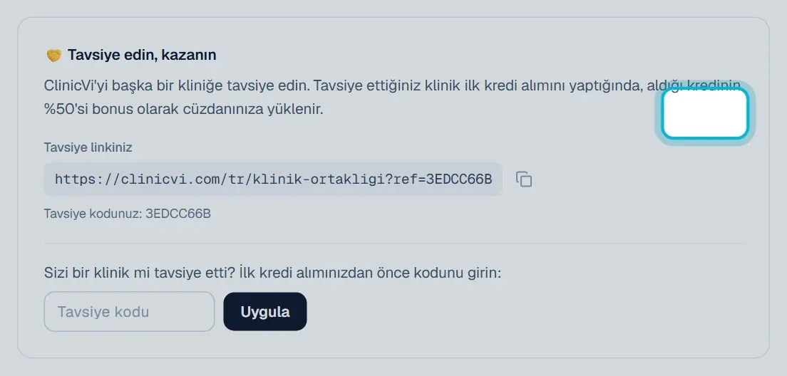 Tavsiye kodu alanı ve Uygula düğmesi