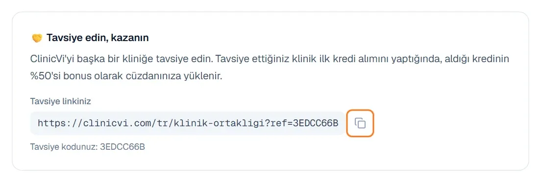 Tavsiye edin, kazanın kutusunda tavsiye linki ve tavsiye kodu