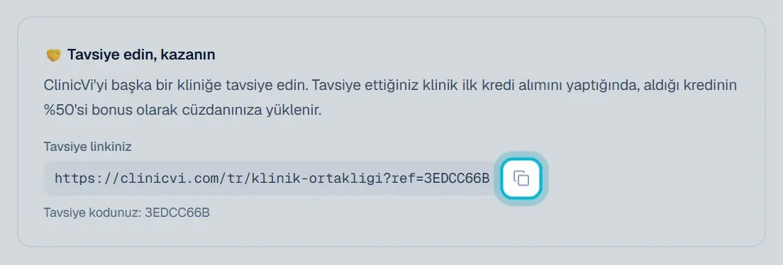 Tavsiye edin, kazanın kutusunda tavsiye linki ve tavsiye kodu