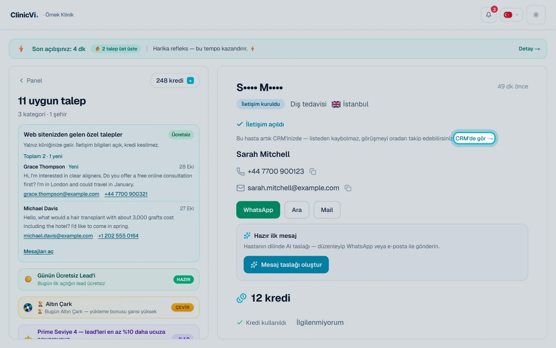 Açılan talepte CRM’de gör bağlantısı