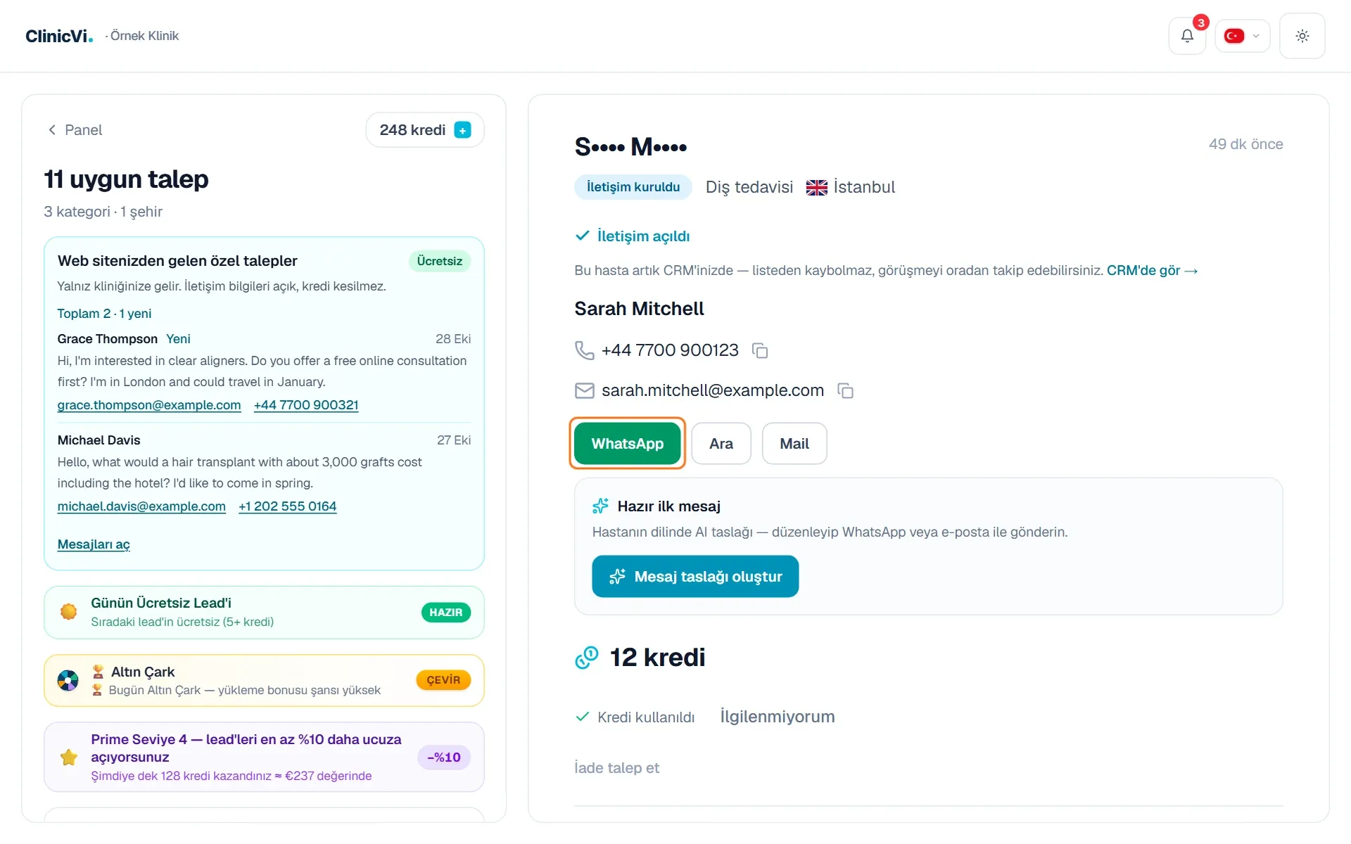 Açılan talepte WhatsApp, Ara ve Mail düğmeleri