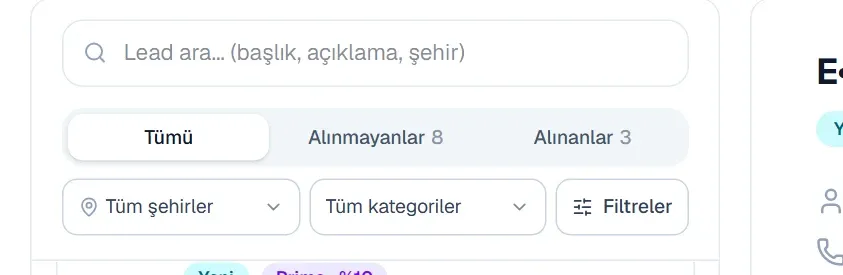 Talep listesinin üstündeki arama kutusu ve filtreler