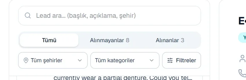 Arama kutusu, sekmeler, şehir ve kategori seçicileri