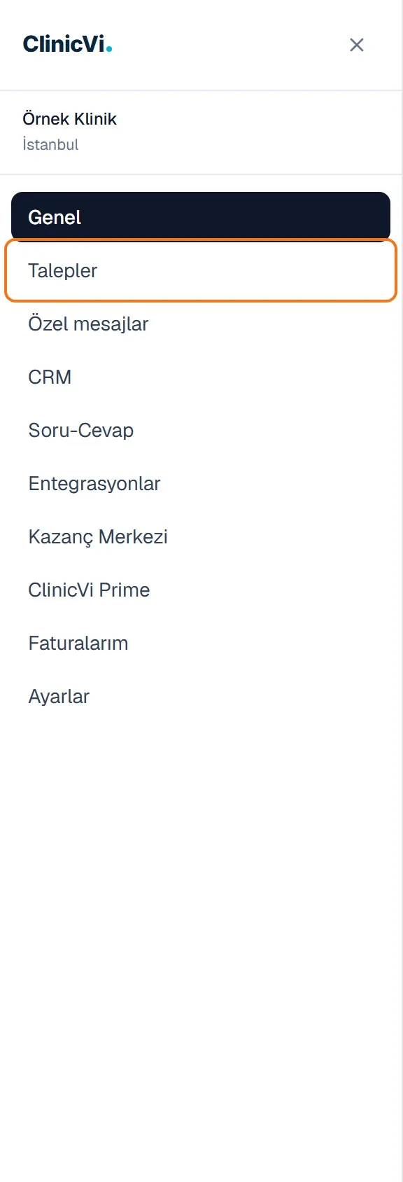 Telefonda açılan menüde Talepler bağlantısı