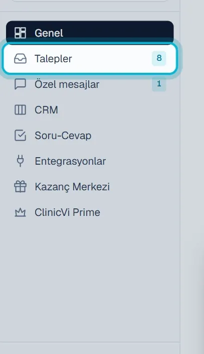 Sol menüde Talepler bağlantısı