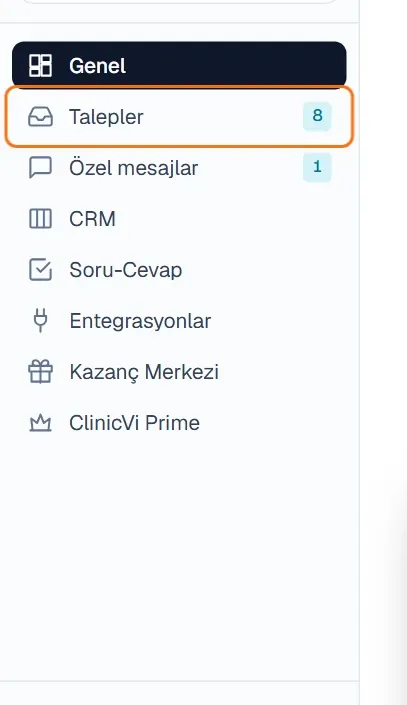 Sol menüde Talepler bağlantısı