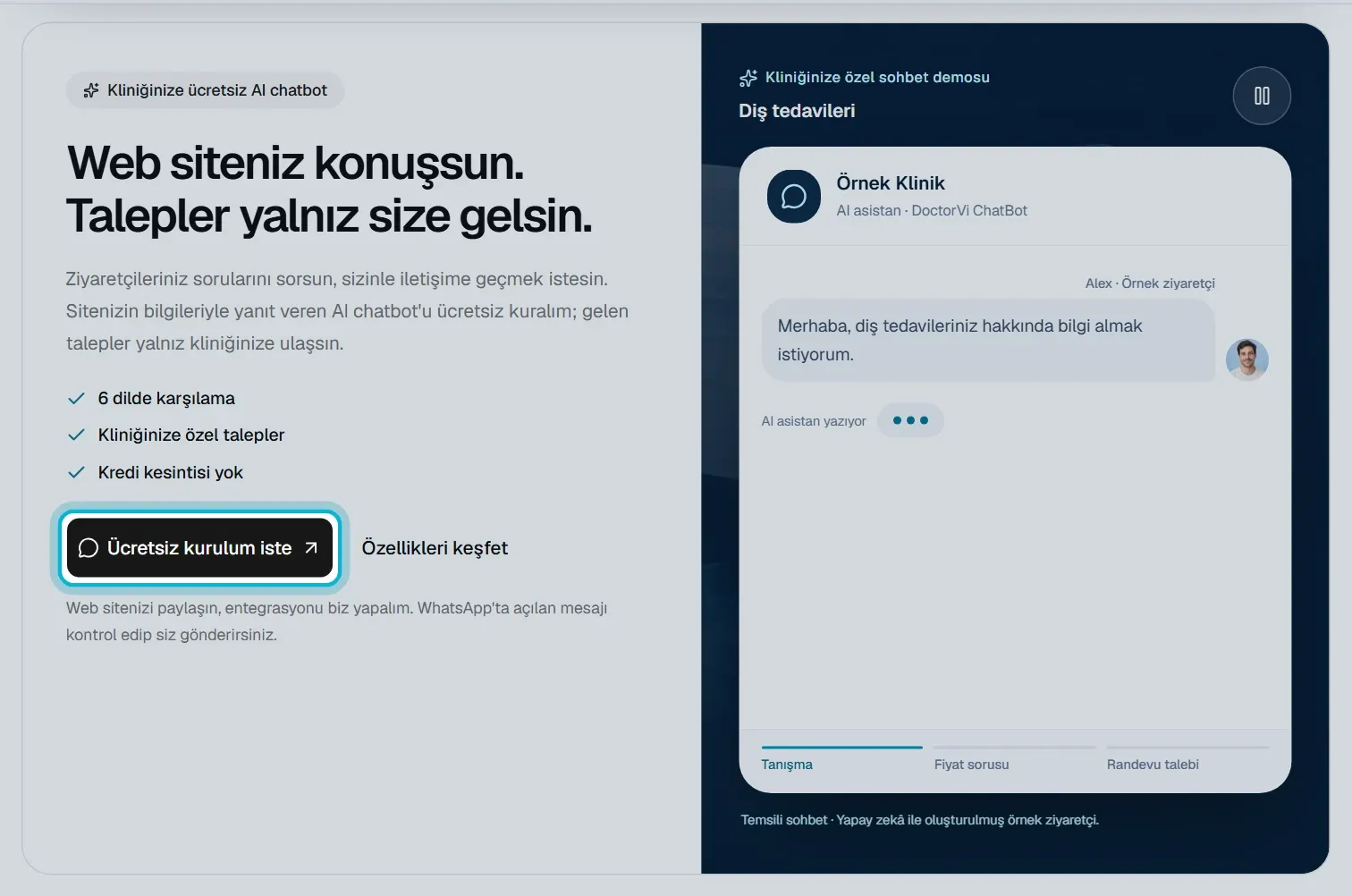 Genel sayfasındaki sohbet asistanı kutusu ve Ücretsiz kurulum iste düğmesi