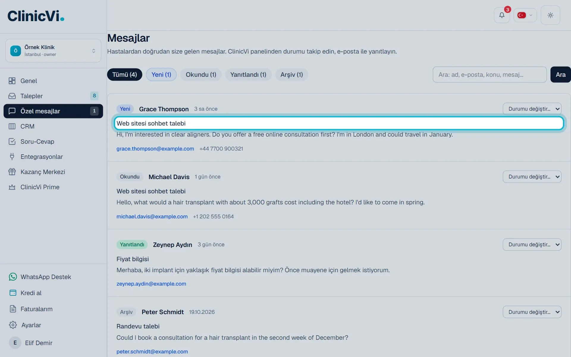 Özel mesajlar listesinde Web sitesi sohbet talebi konulu mesaj