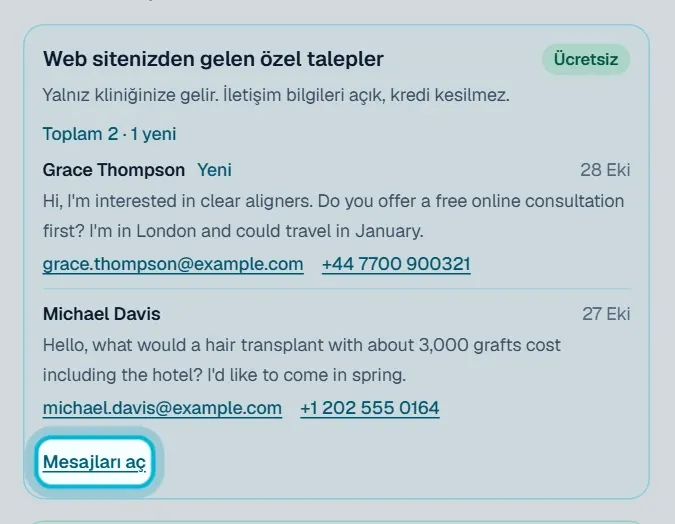 Talepler sayfasında Web sitenizden gelen özel talepler kutusu