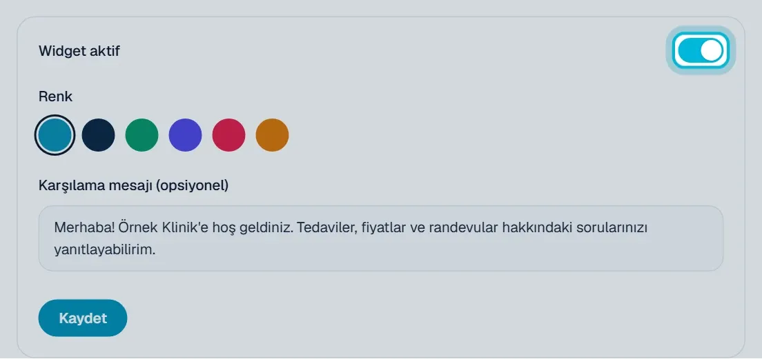 Sohbet asistanı ayarlarında Widget aktif anahtarı