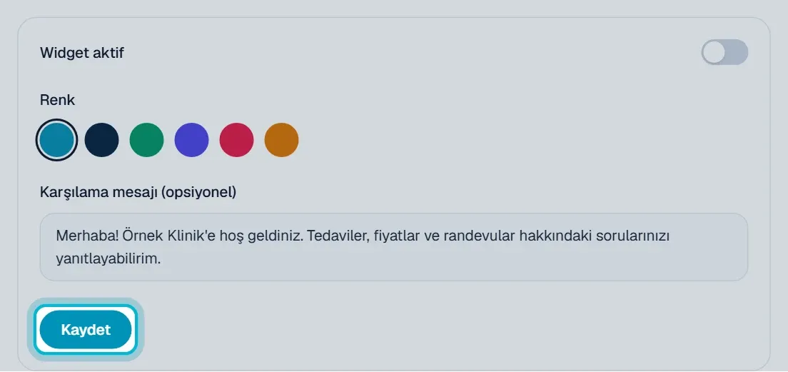 Kapatılmış Widget aktif anahtarı ve Kaydet düğmesi